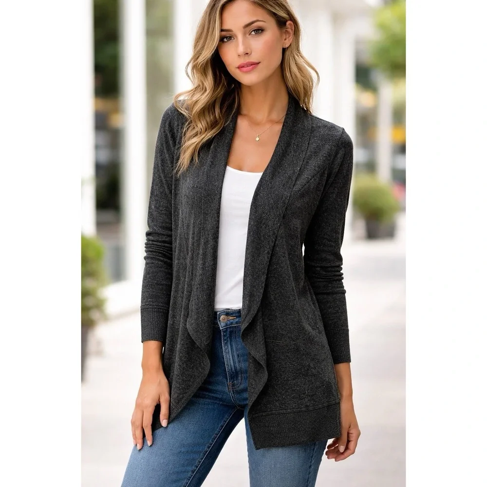 Mesh & Lace Women's Open Front Cardigan L Gray Draped Knit Stretch Minimalist